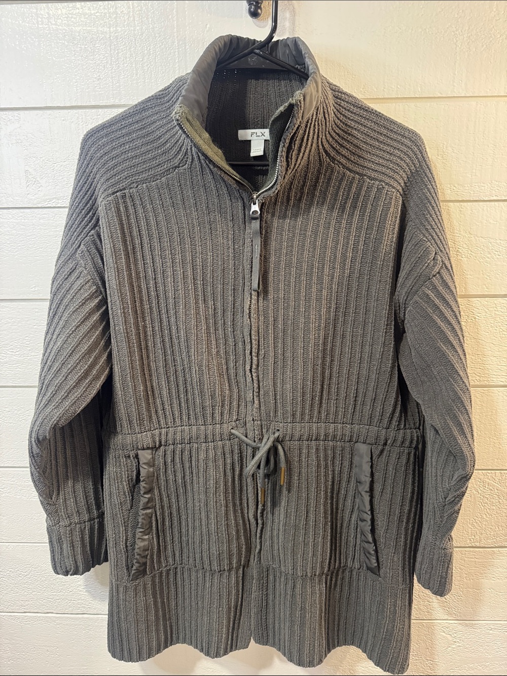 FLX Women's Olive Green Ribbed Zip-Front Knit Jacket- LARGE